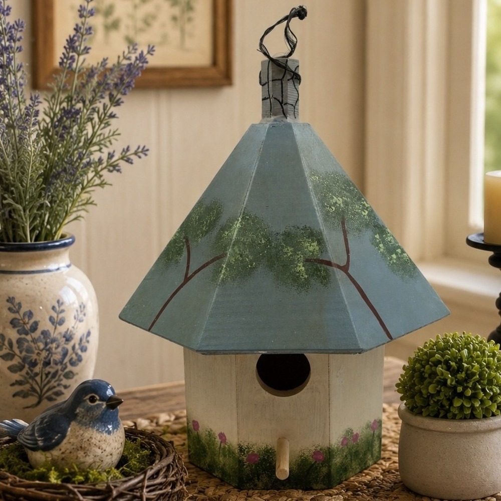 Patches and Pines Hand Painted Wood Birdhouse Octagon Blue Green Folk Art Decor